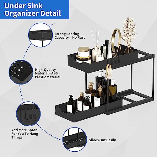 2 Pack Double Sliding Under Sink Organizers and Storage, Two Tier Bathroom Storage and organization, Under Cabinet Organizer with Hooks Hanging, Home Organization, Black