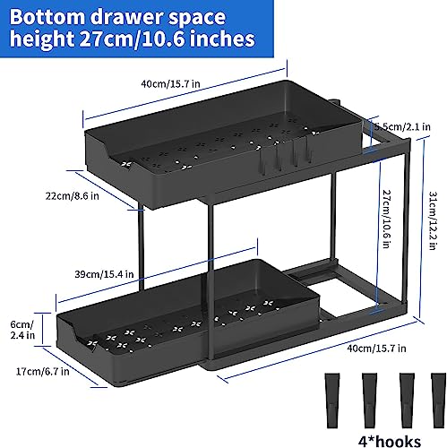 2 Pack Double Sliding Under Sink Organizers and Storage, Two Tier Bathroom Storage and organization, Under Cabinet Organizer with Hooks Hanging, Home Organization, Black