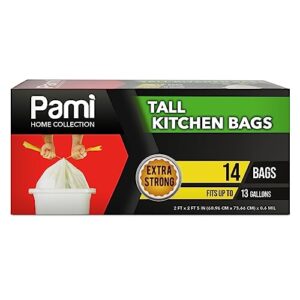 pami tall 13-gallon kitchen drawstring trash bags [14-pack, white] - extra-strong plastic garbage bags- thick trash can liners for kitchen, bathroom & outdoor bins- 2ft x2ft unscented trash bags