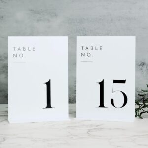 jinmury acrylic wedding table numbers 1-15 with stands, 15 pack 5"x7" acrylic table number signs and holders white acrylic table numbers for wedding reception, party, anniversary, event