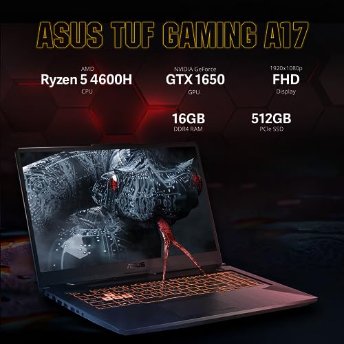 asus 2022 TUF A17 17.3'' 144Hz FHD Gaming Laptop, AMD Ryzen 5 4600H, NVIDIA GeForce GTX 1650, 16GB RAM, 512GB PCIe SSD, RGB Backlit Keyboard, Win 11 Pro, Bonfire Black, 32GB Snowbell USB Card