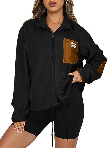 Dokotoo Fleece Jacket for Women Full Zip Up Pathes Windproof Drawstrings Running Long Sleeves Stand Collar Front Pockets Oversized Outdoor Sweatshirts,Black Small