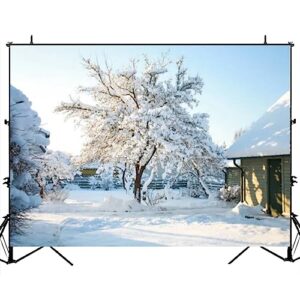 house garden trees covered snow a cold sunny winters day clear blue photography backdrop photographer portrait banner photo studio photobooth prop photography background decoration supplies 7×5ft