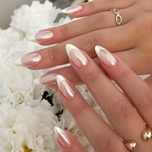yosomk french tip press on nails almond medium fake nails with chrome designs glossy nude false nails mirror glue on acrylic nails for women