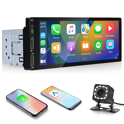 Single Din Touchscreen Car Stereo with Wireless Apple CarPlay, Rimoody 6.86" 1 Din Car Radio with with Android Auto Bluetooth FM Radio EQ Mirror Link Car mp5 Player TF/USB Rear View Camera