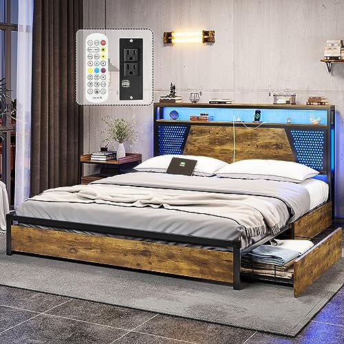 BTHFST Queen Bed Frame with Charging Station & Built-in LED Lights Headboard, Metal Platform Bed Frame with Drawers, No Squeak/No Box Spring Needed/Steel Slat Support, Vintage Brown & Black