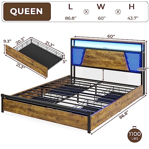 BTHFST Queen Bed Frame with Charging Station & Built-in LED Lights Headboard, Metal Platform Bed Frame with Drawers, No Squeak/No Box Spring Needed/Steel Slat Support, Vintage Brown & Black