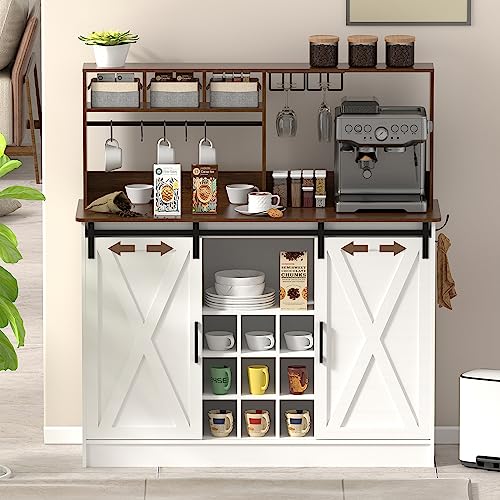 PAKASEPT Coffee Bar Cabinet with Storage, Kitchen Buffet Storage Cabinet, 47'' Sideboard Buffet Cabinet with Sliding Barn Door, Adjustable Shelf and Wine Racks