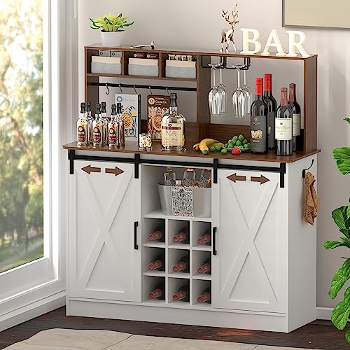 PAKASEPT Coffee Bar Cabinet with Storage, Kitchen Buffet Storage Cabinet, 47'' Sideboard Buffet Cabinet with Sliding Barn Door, Adjustable Shelf and Wine Racks