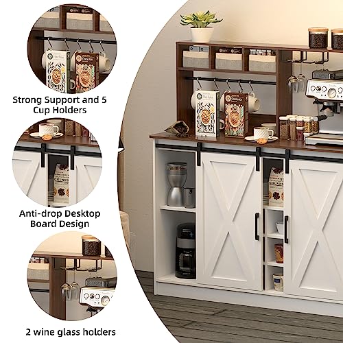 PAKASEPT Coffee Bar Cabinet with Storage, Kitchen Buffet Storage Cabinet, 47'' Sideboard Buffet Cabinet with Sliding Barn Door, Adjustable Shelf and Wine Racks