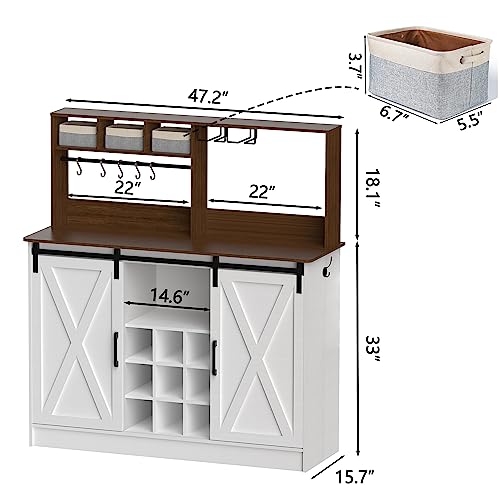 PAKASEPT Coffee Bar Cabinet with Storage, Kitchen Buffet Storage Cabinet, 47'' Sideboard Buffet Cabinet with Sliding Barn Door, Adjustable Shelf and Wine Racks