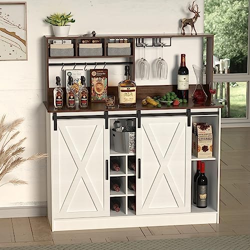 PAKASEPT Coffee Bar Cabinet with Storage, Kitchen Buffet Storage Cabinet, 47'' Sideboard Buffet Cabinet with Sliding Barn Door, Adjustable Shelf and Wine Racks