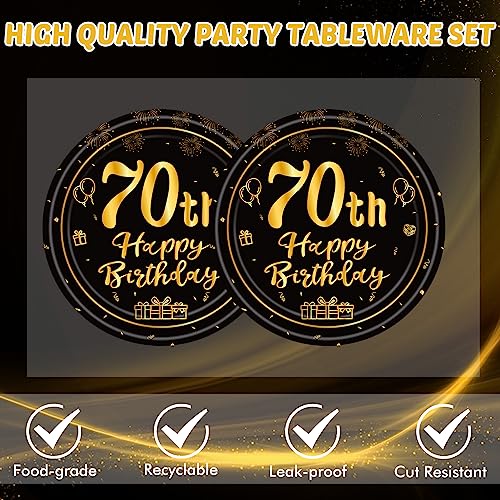 40PCS 70th Birthday Decorations,70th Party Tableware Set Paper Plate Napkin,Black Gold Vintage 1953 Aged to Perfection Table Party Supplies, 70 Year Old Birthday Party Decor for Women Men