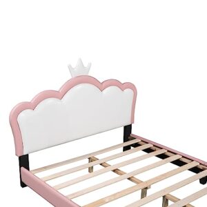 GYYBED Full Size Upholstered Princess Bed with Crown Headboard,Full Bed Frames for Girls Full Bed Frame Girl Full Size Bed Frames for Girls Full Bed Frames for Kids (White+Pink, Full)