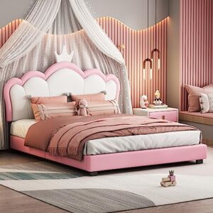 GYYBED Full Size Upholstered Princess Bed with Crown Headboard,Full Bed Frames for Girls Full Bed Frame Girl Full Size Bed Frames for Girls Full Bed Frames for Kids (White+Pink, Full)