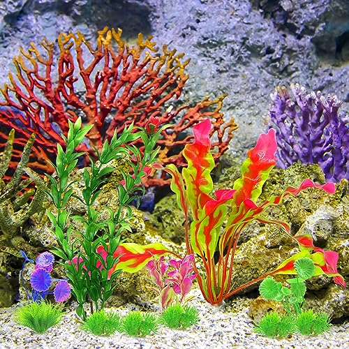 LLMSIX 16PCS Artificial Aquarium Plants Set Fish Tank Decoration Fake Plastic Green Plants Vivid Underwater Plants Ornament Assorted Color for Fish Tank Aquarium Landscaping (4 Styles)