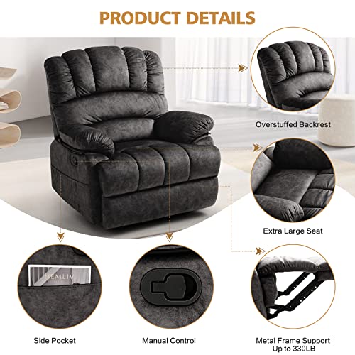 EASELAND Manual Oversized Recliner Chair, Extra Wide Recliners Single Sofa with Overstuffed Seat(Dark Grey)