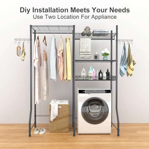 5-Tier Laundry Room Storage Shelf, Space-Saving Metal Clothes Drying Rack with Adjustable Shelves, Bathroom Towel Rack, Wire Basket, and Rotatable Hooks -Ideal for Over Washer and Dryer Organization