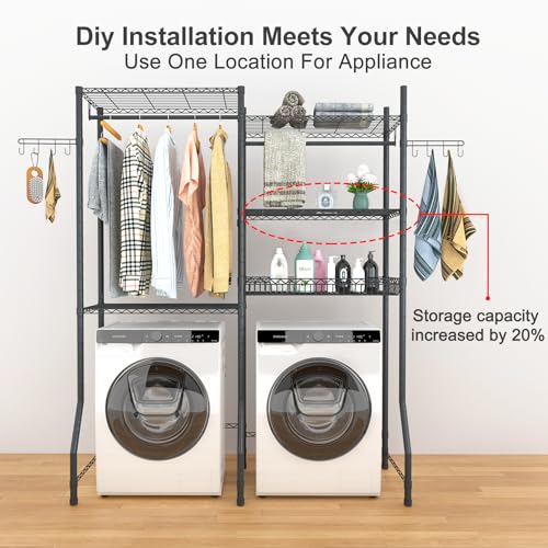 5-Tier Laundry Room Storage Shelf, Space-Saving Metal Clothes Drying Rack with Adjustable Shelves, Bathroom Towel Rack, Wire Basket, and Rotatable Hooks -Ideal for Over Washer and Dryer Organization