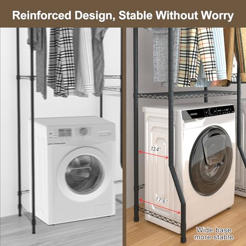 5-Tier Laundry Room Storage Shelf, Space-Saving Metal Clothes Drying Rack with Adjustable Shelves, Bathroom Towel Rack, Wire Basket, and Rotatable Hooks -Ideal for Over Washer and Dryer Organization