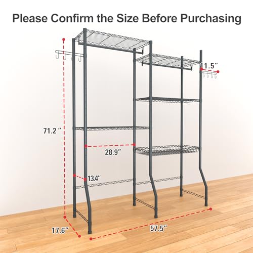 5-Tier Laundry Room Storage Shelf, Space-Saving Metal Clothes Drying Rack with Adjustable Shelves, Bathroom Towel Rack, Wire Basket, and Rotatable Hooks -Ideal for Over Washer and Dryer Organization