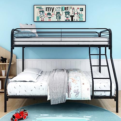 Anwickhomk Metal Bunk Bed Twin Over Full Size,Heavy Duty Floor Bunk Beds Frame with Enhanced Upper-Level Guardrail and Ladder for Boys Girls Adults Dormitory Bedroom,No Box Spring Needed,Black