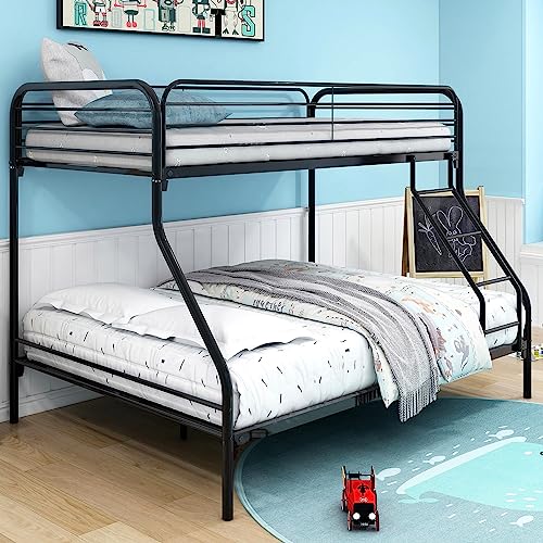 Anwickhomk Metal Bunk Bed Twin Over Full Size,Heavy Duty Floor Bunk Beds Frame with Enhanced Upper-Level Guardrail and Ladder for Boys Girls Adults Dormitory Bedroom,No Box Spring Needed,Black