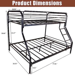 Anwickhomk Metal Bunk Bed Twin Over Full Size,Heavy Duty Floor Bunk Beds Frame with Enhanced Upper-Level Guardrail and Ladder for Boys Girls Adults Dormitory Bedroom,No Box Spring Needed,Black