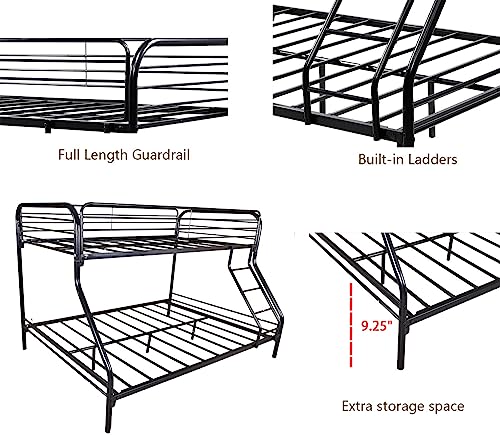 Anwickhomk Metal Bunk Bed Twin Over Full Size,Heavy Duty Floor Bunk Beds Frame with Enhanced Upper-Level Guardrail and Ladder for Boys Girls Adults Dormitory Bedroom,No Box Spring Needed,Black