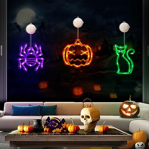 Halloween Lights Window Decorations 3 Pack Orange Pumpkin Purple Spider Green Cat Battery Operated Halloween Window Light with Suction Cup, Cute Halloween Decorations Indoor Home Room Door Party Decor