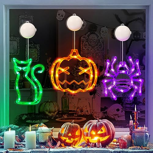 Halloween Lights Window Decorations 3 Pack Orange Pumpkin Purple Spider Green Cat Battery Operated Halloween Window Light with Suction Cup, Cute Halloween Decorations Indoor Home Room Door Party Decor