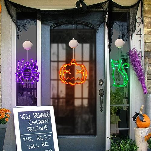 Halloween Lights Window Decorations 3 Pack Orange Pumpkin Purple Spider Green Cat Battery Operated Halloween Window Light with Suction Cup, Cute Halloween Decorations Indoor Home Room Door Party Decor