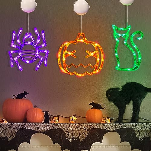 Halloween Lights Window Decorations 3 Pack Orange Pumpkin Purple Spider Green Cat Battery Operated Halloween Window Light with Suction Cup, Cute Halloween Decorations Indoor Home Room Door Party Decor