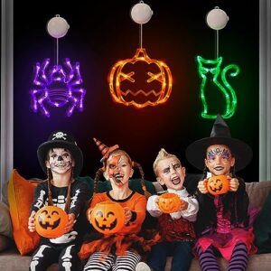 Halloween Lights Window Decorations 3 Pack Orange Pumpkin Purple Spider Green Cat Battery Operated Halloween Window Light with Suction Cup, Cute Halloween Decorations Indoor Home Room Door Party Decor