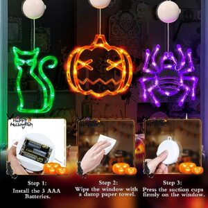 Halloween Lights Window Decorations 3 Pack Orange Pumpkin Purple Spider Green Cat Battery Operated Halloween Window Light with Suction Cup, Cute Halloween Decorations Indoor Home Room Door Party Decor