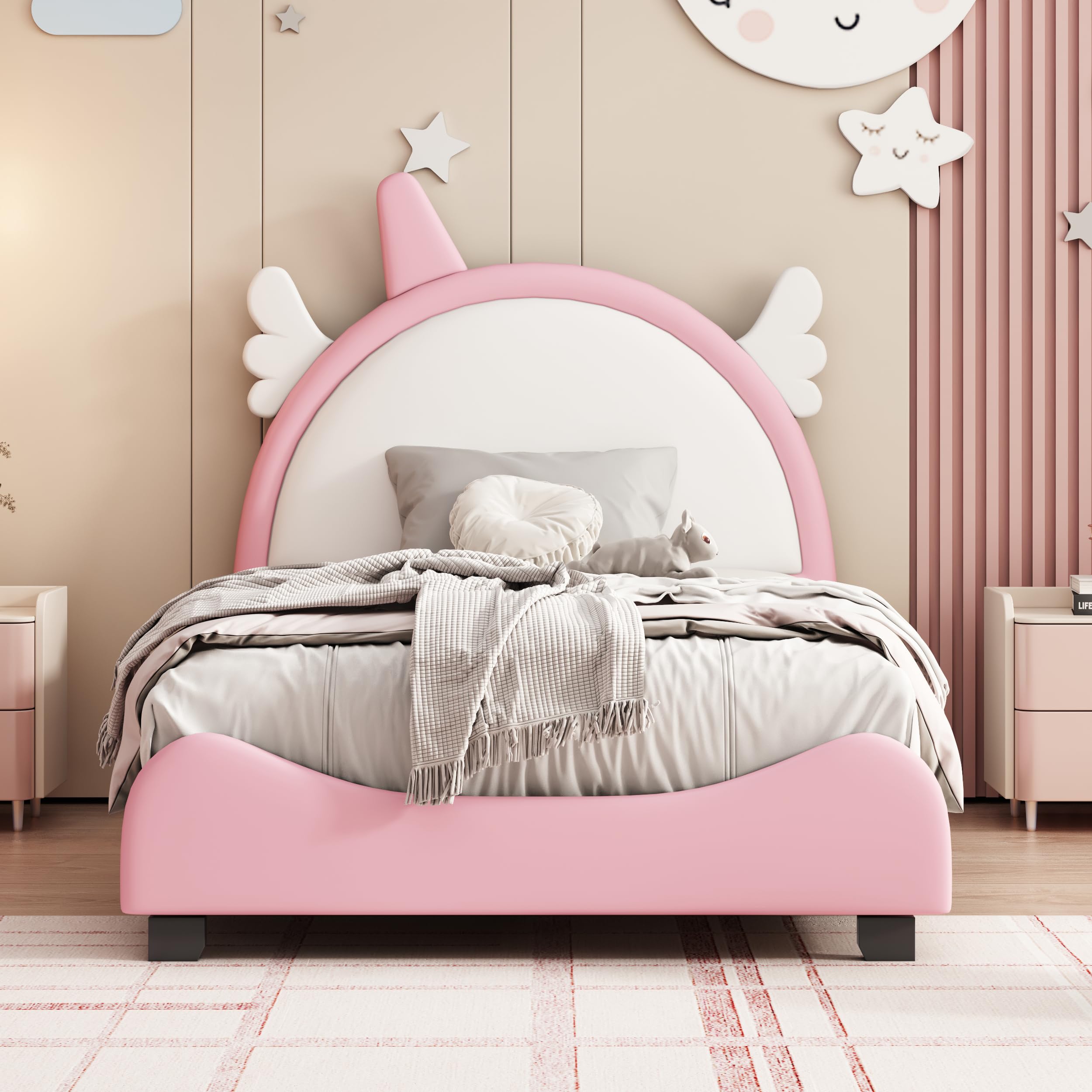 Harper & Bright Designs Kids Twin Upholstered Bed with Unicorn Shape Headboard, Cute Twin Size Platform Bed Frame, No Box Spring Needed (White+Pink)