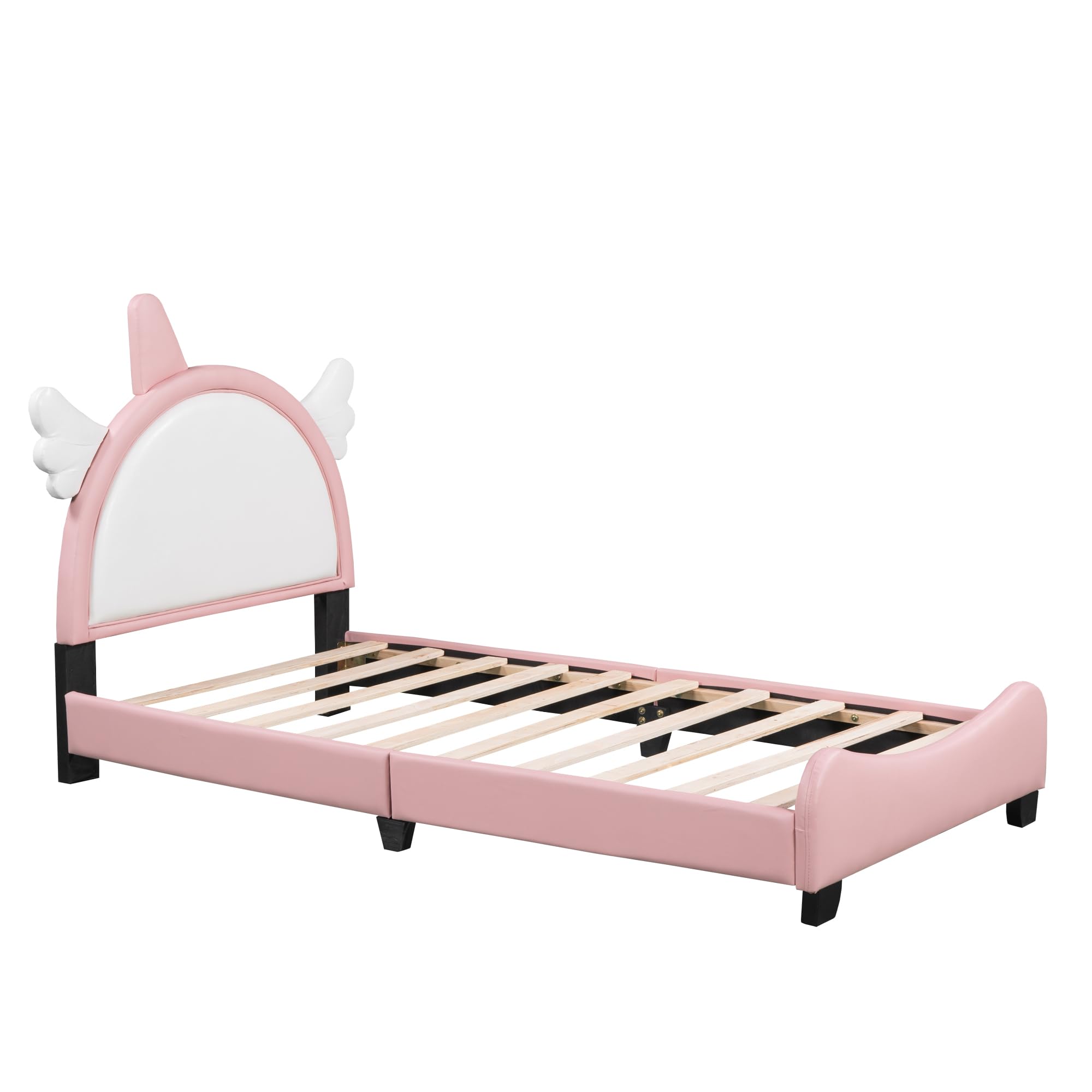 Harper & Bright Designs Kids Twin Upholstered Bed with Unicorn Shape Headboard, Cute Twin Size Platform Bed Frame, No Box Spring Needed (White+Pink)