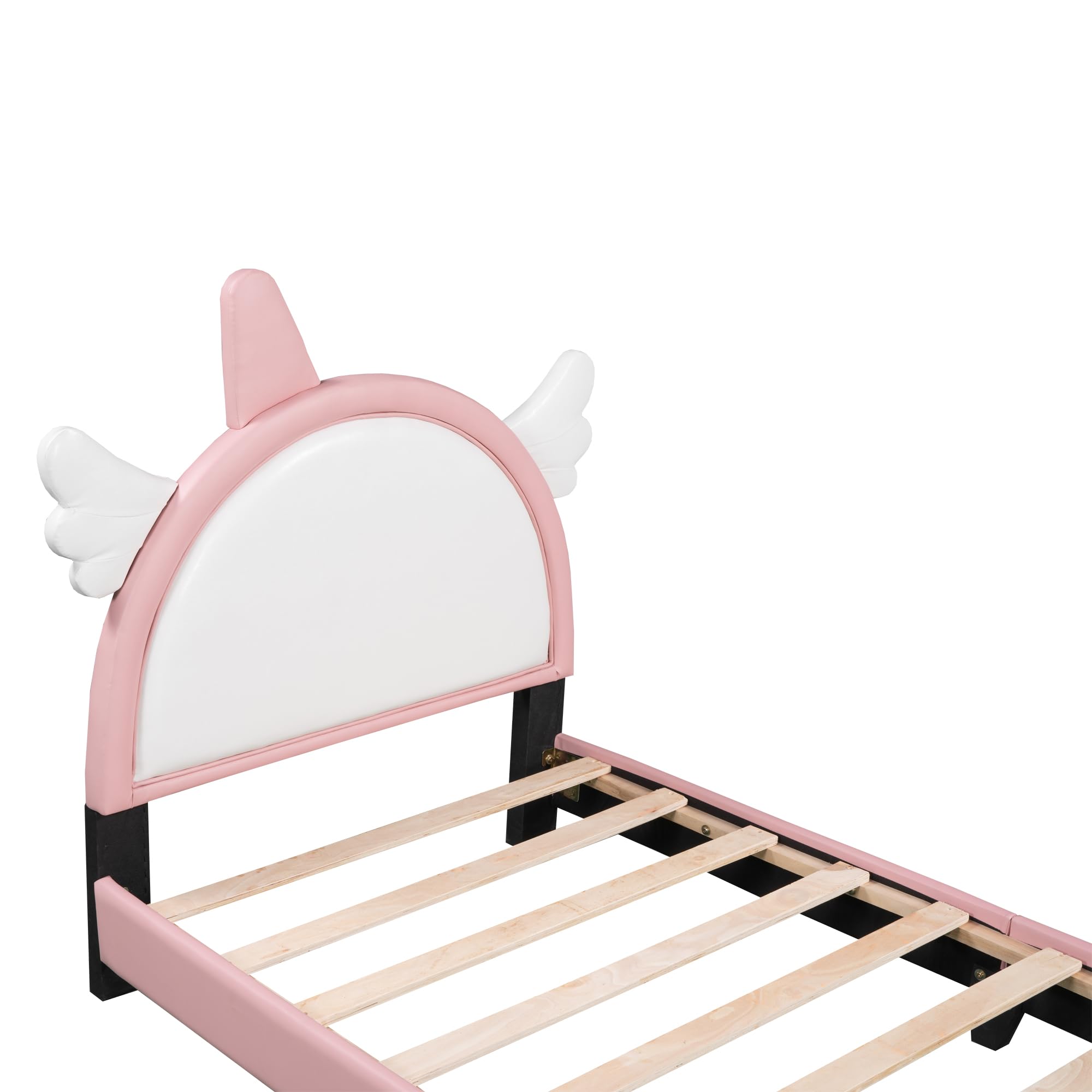 Harper & Bright Designs Kids Twin Upholstered Bed with Unicorn Shape Headboard, Cute Twin Size Platform Bed Frame, No Box Spring Needed (White+Pink)