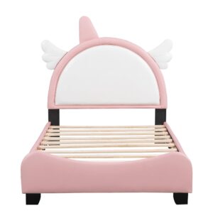 Harper & Bright Designs Kids Twin Upholstered Bed with Unicorn Shape Headboard, Cute Twin Size Platform Bed Frame, No Box Spring Needed (White+Pink)