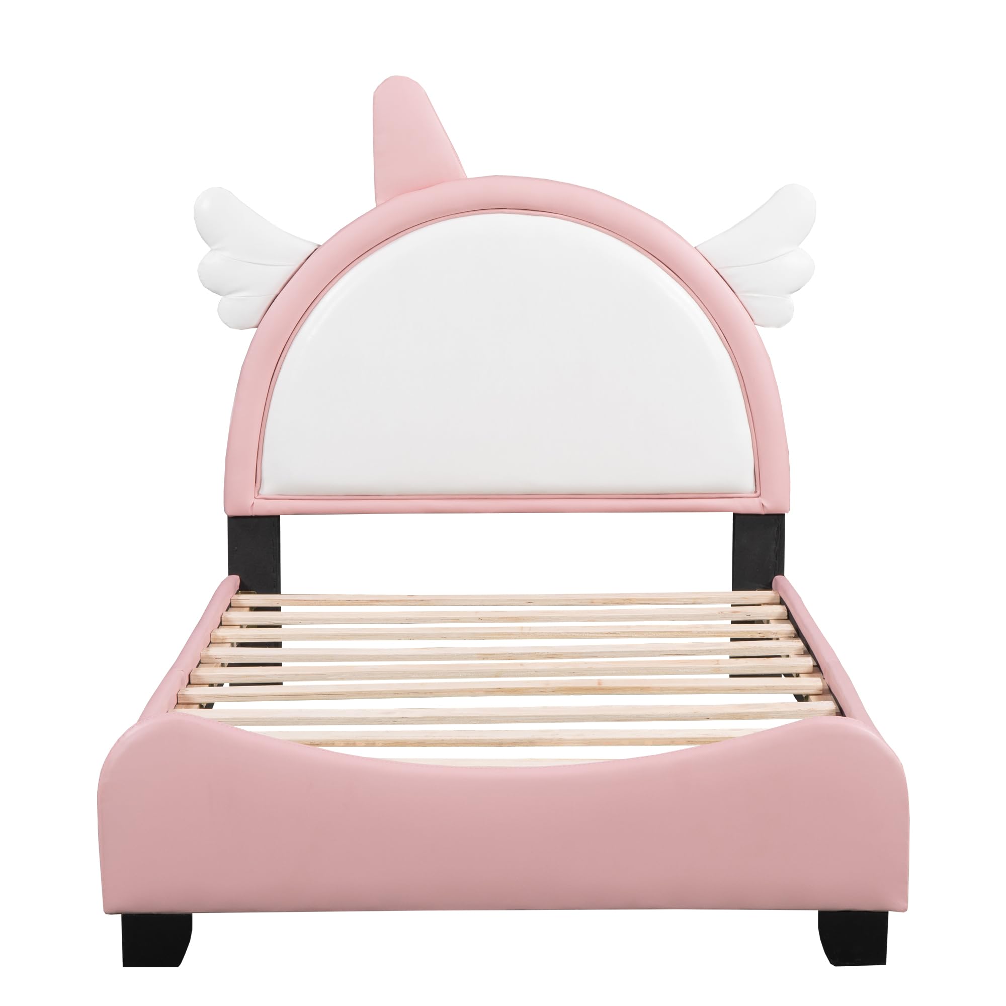 Harper & Bright Designs Kids Twin Upholstered Bed with Unicorn Shape Headboard, Cute Twin Size Platform Bed Frame, No Box Spring Needed (White+Pink)