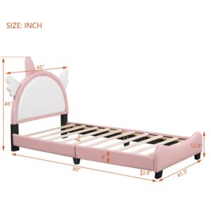 Harper & Bright Designs Kids Twin Upholstered Bed with Unicorn Shape Headboard, Cute Twin Size Platform Bed Frame, No Box Spring Needed (White+Pink)