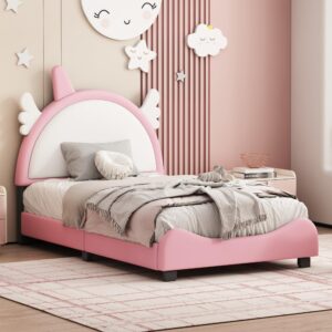 Harper & Bright Designs Kids Twin Upholstered Bed with Unicorn Shape Headboard, Cute Twin Size Platform Bed Frame, No Box Spring Needed (White+Pink)