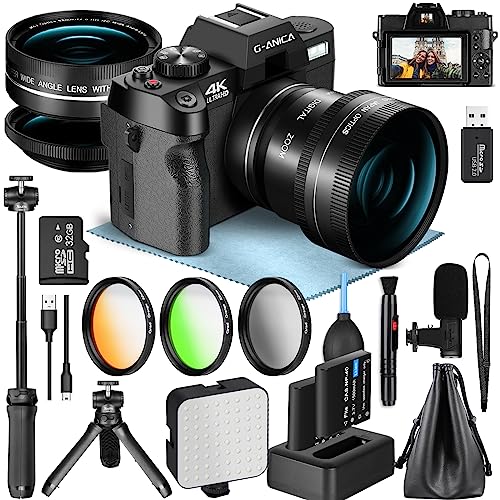 G-Anica 4K Digital Cameras for Photography, 48MP Vlogging Camera for YouTube with Microphone, WiFi and Tripod Grip, Video Camera with Wide-Angle&Macro Lens, Content Creator Kit & Travel Camera