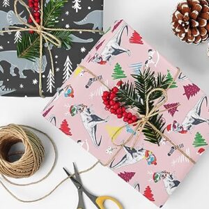 WAPLIGHAL Dinosaur Christmas Wrapping Paper for Boys Girls Kids - Funny Dinosaurs on White Pink Black Designs - Gift Wrap for Birthday, Baby Shower, Holiday - 8 Sheets, Each 20 x 29 Inches, Recycled, Easy to Store