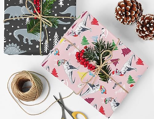 WAPLIGHAL Dinosaur Christmas Wrapping Paper for Boys Girls Kids - Funny Dinosaurs on White Pink Black Designs - Gift Wrap for Birthday, Baby Shower, Holiday - 8 Sheets, Each 20 x 29 Inches, Recycled, Easy to Store