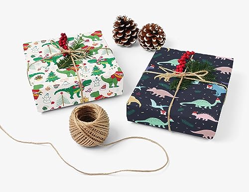 WAPLIGHAL Dinosaur Christmas Wrapping Paper for Boys Girls Kids - Funny Dinosaurs on White Pink Black Designs - Gift Wrap for Birthday, Baby Shower, Holiday - 8 Sheets, Each 20 x 29 Inches, Recycled, Easy to Store