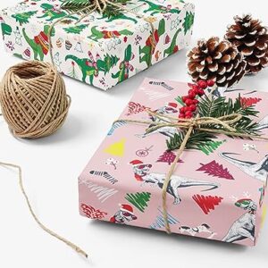 WAPLIGHAL Dinosaur Christmas Wrapping Paper for Boys Girls Kids - Funny Dinosaurs on White Pink Black Designs - Gift Wrap for Birthday, Baby Shower, Holiday - 8 Sheets, Each 20 x 29 Inches, Recycled, Easy to Store