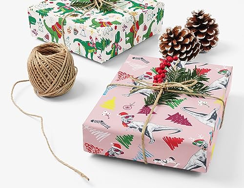 WAPLIGHAL Dinosaur Christmas Wrapping Paper for Boys Girls Kids - Funny Dinosaurs on White Pink Black Designs - Gift Wrap for Birthday, Baby Shower, Holiday - 8 Sheets, Each 20 x 29 Inches, Recycled, Easy to Store