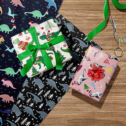 WAPLIGHAL Dinosaur Christmas Wrapping Paper for Boys Girls Kids - Funny Dinosaurs on White Pink Black Designs - Gift Wrap for Birthday, Baby Shower, Holiday - 8 Sheets, Each 20 x 29 Inches, Recycled, Easy to Store