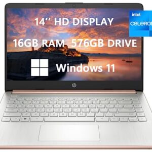 2023 Newest HP Laptops for College Student & Business, 14'' HD Computer, Intel Celeron N4120(4-core), up to 2.60 GHz, 16GB RAM, 576GB(64GB SSD+512GB Card), HDMI, Rose Gold, Windows 11, ROKC HDMI Cable